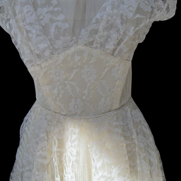 VTG 50s 60s Lace Bridal Party Dress Cream White Cottagecore Prairie Fit Flare S - Picture 9 of 16